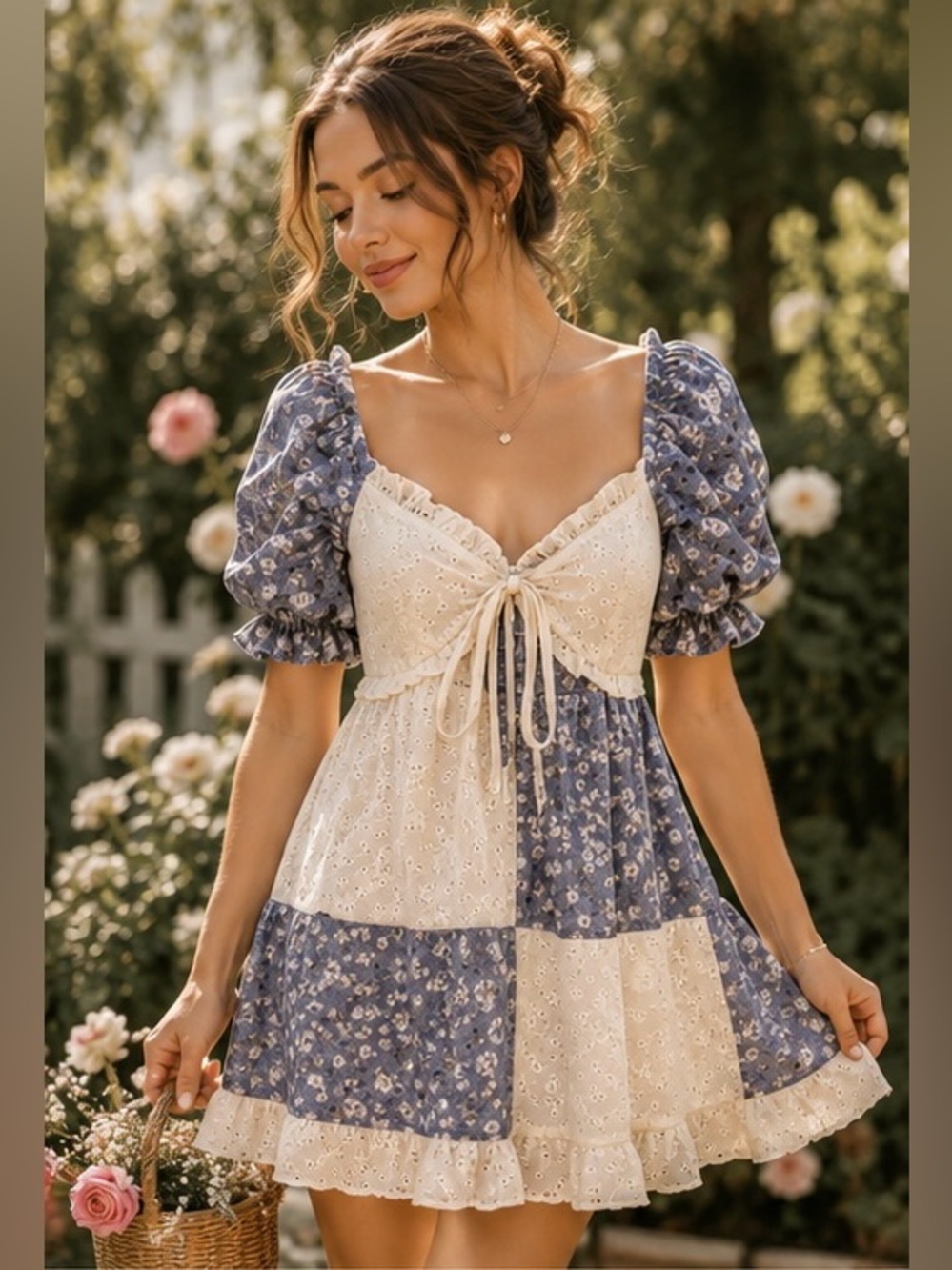 Westfade Cottagecore Patchwork Eyelet Floral Mini Dress NWT XS